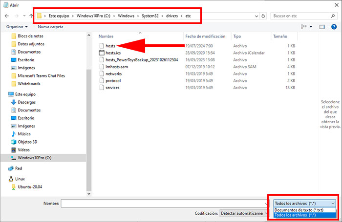 abrir archivo hosts ruta