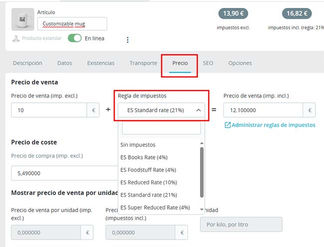 asignar impuestos productos prestashop