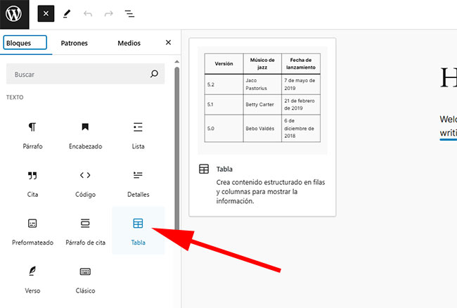 bloque tablas editor wordpress