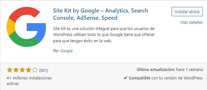  buscar instalar site kit de Google