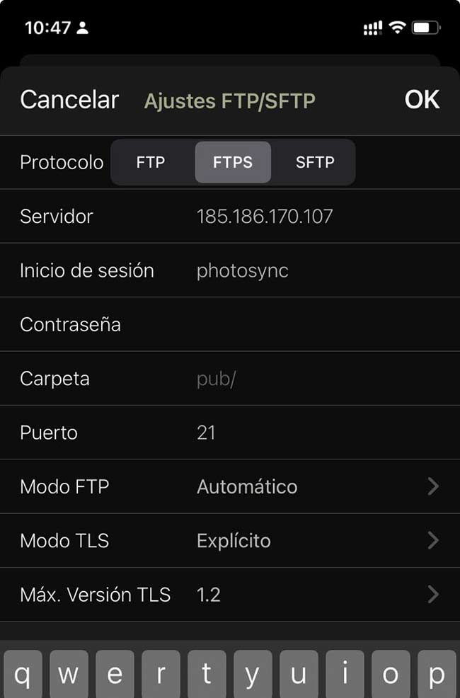 configuracion ejemplo ftp photosync