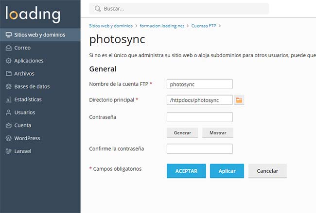  cuenta ftp photosync