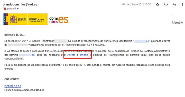 ejemplo email transferencia dominio es
