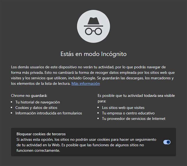 ejemplo modo incognito chrome