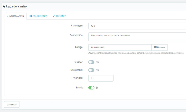 informacion cupon descuento prestashop