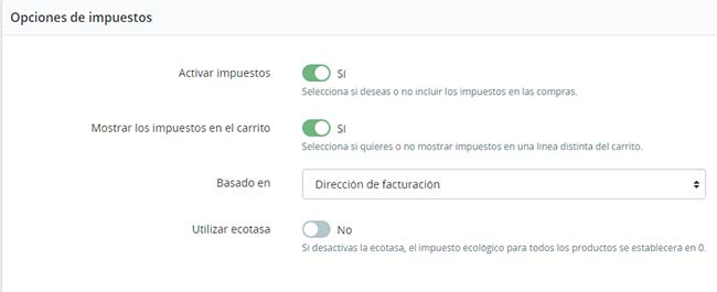 opciones impuestos prestashop