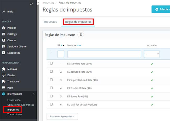 reglas impuestos prestashop