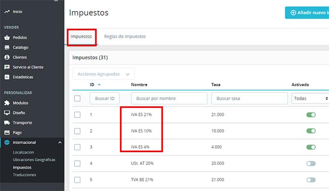 configurar impuestos en PrestaShop  tipos impositivos prestashop