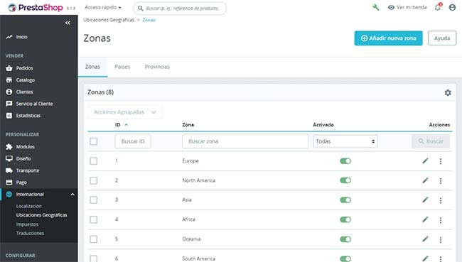 configurar impuestos en PrestaShop zonas geográficas prestashop